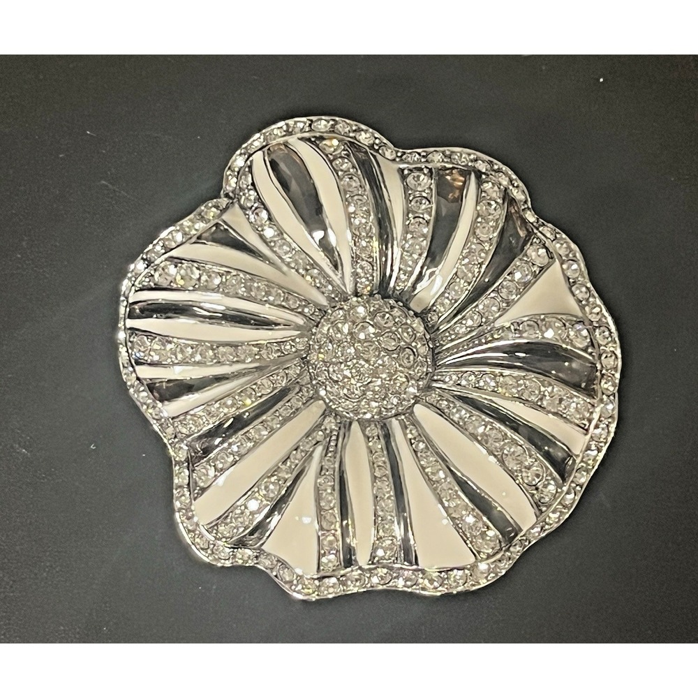 Joan Rivers Silver Tone Cream Enamel Rhinestone Flower Brooch Pin Large 2.75"